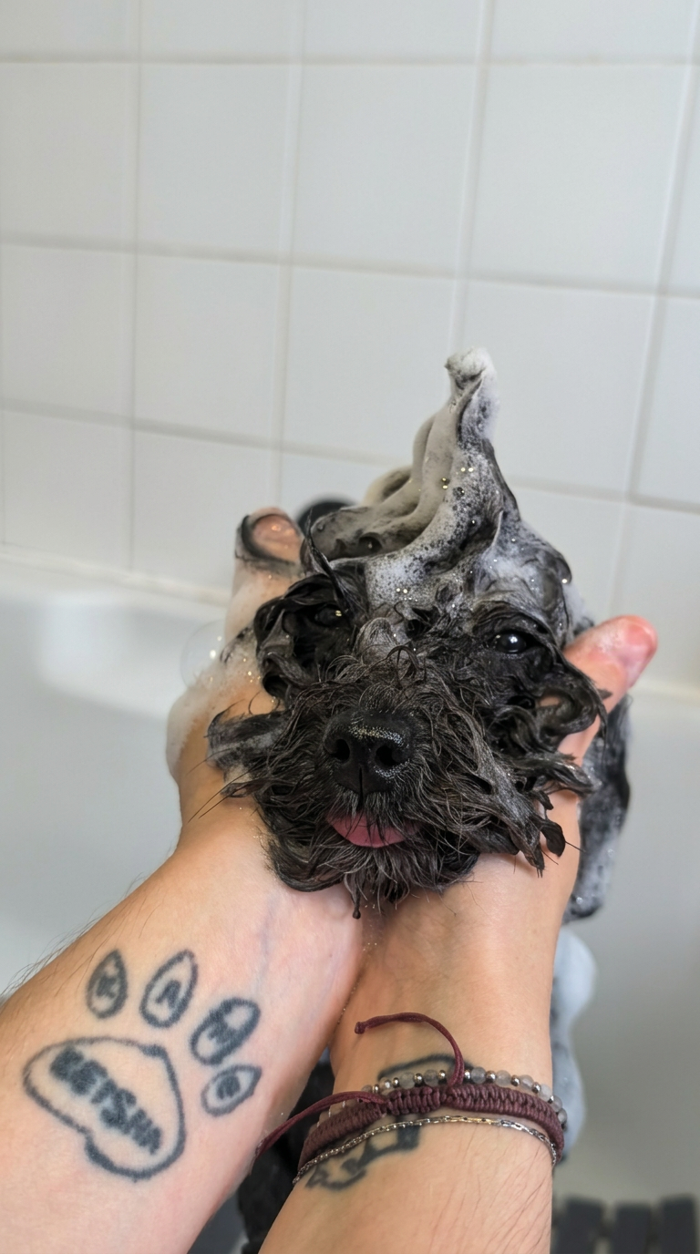 Small dog being shampooed in the salon bath